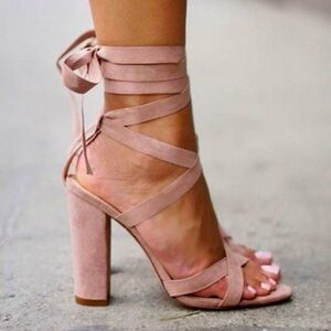 STEVE MADDEN Christey Wraparound Ankle Tie Suede Blush Pink Lace-Up Heels 4”